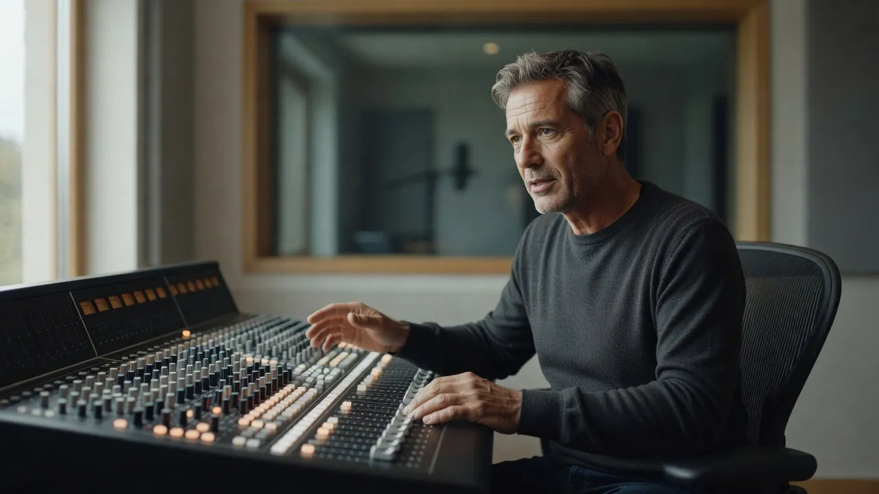 Producer directing a gentle eulogy voice at a quiet studio console