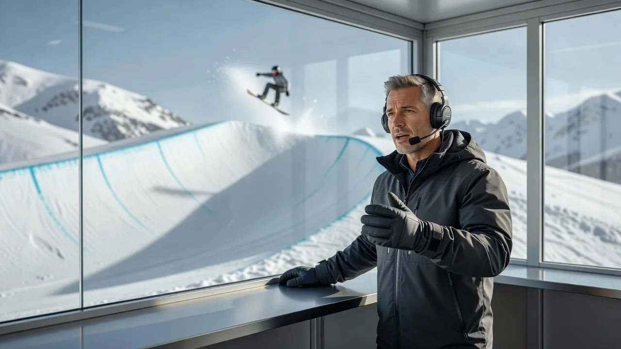 Action sports commentator at a slopeside booth mid-call, headset on, halfpipe behind