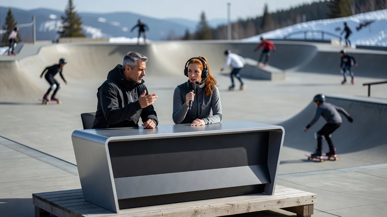 Two action sports commentators at a slopeside desk above a skate park