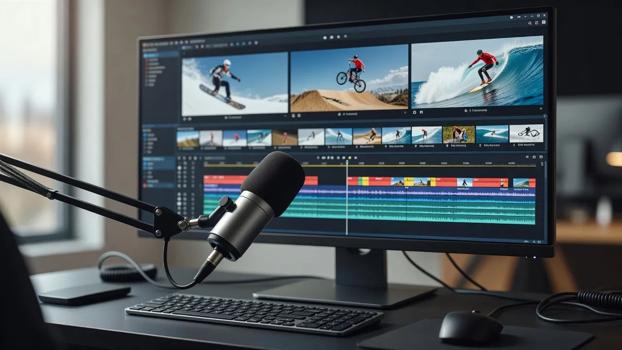 Editing bay with an action sports highlight timeline and a commentary mic