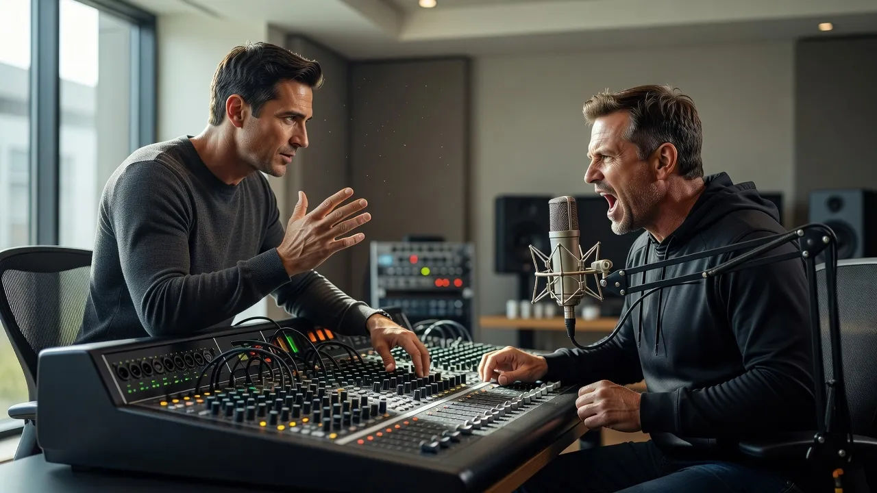 Sound designer directing an extreme sports commentary voice at a console