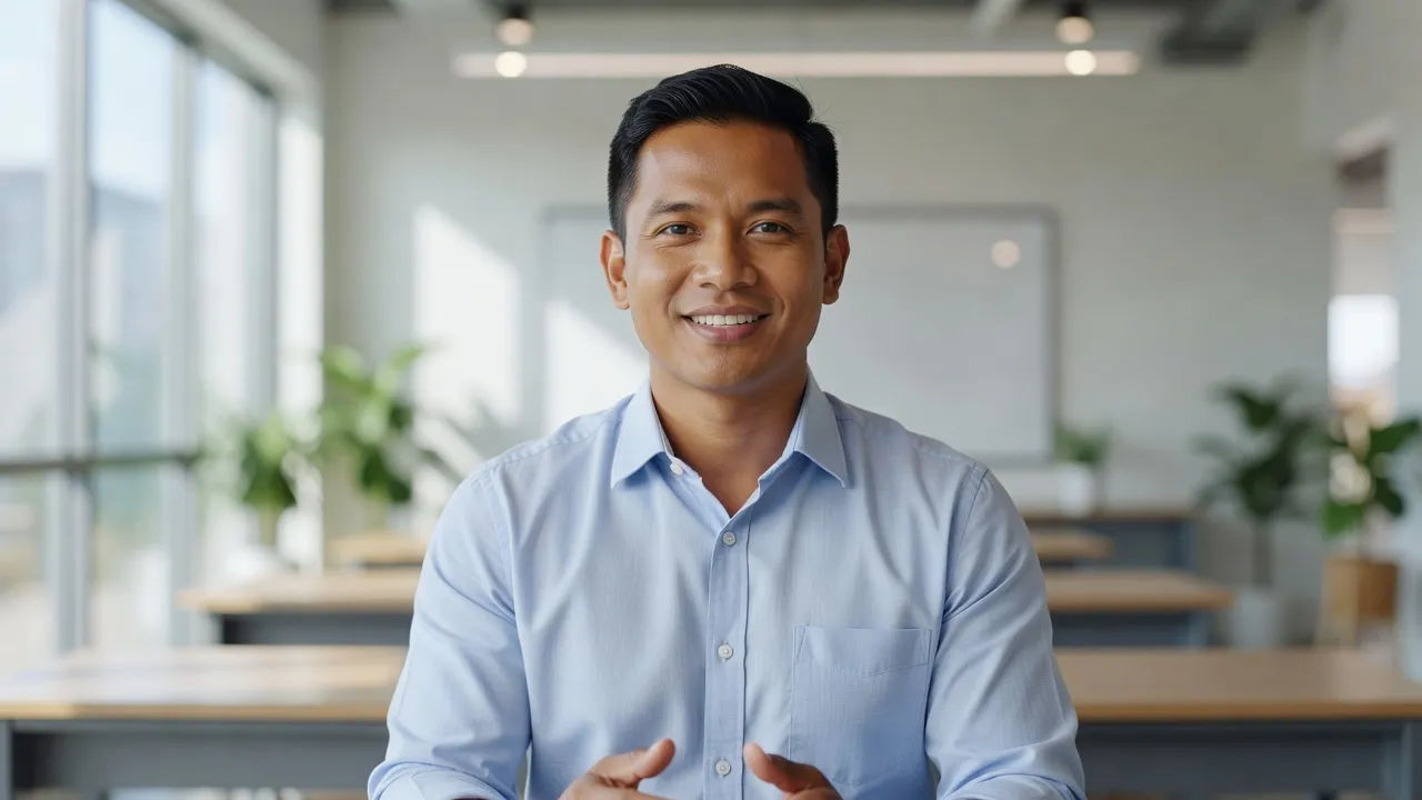 Friendly Filipino presenter speaking to camera in a bright classroom studio