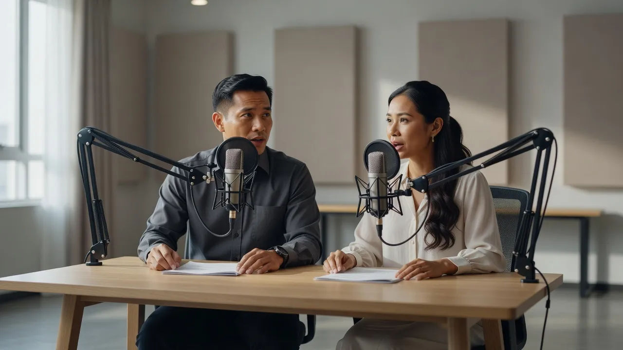 Two Filipino voice actors recording a course narration at a desk microphone