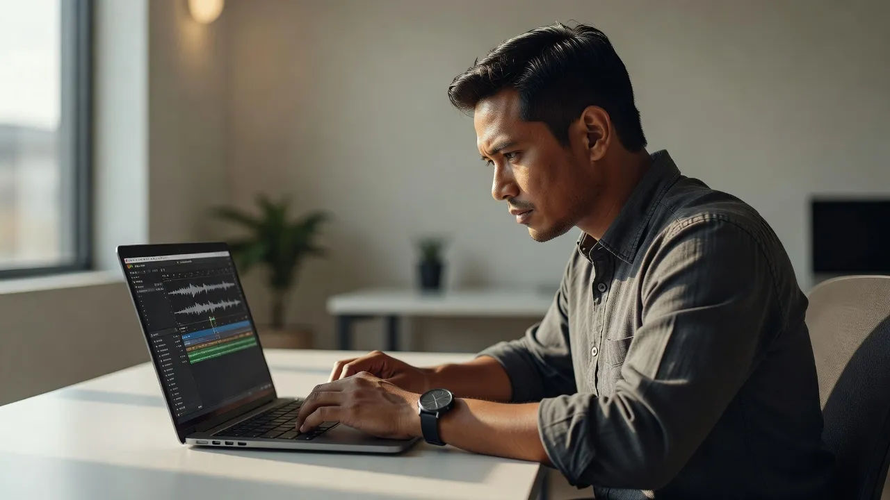 Editor adjusting a Filipino English voice prompt on a laptop
