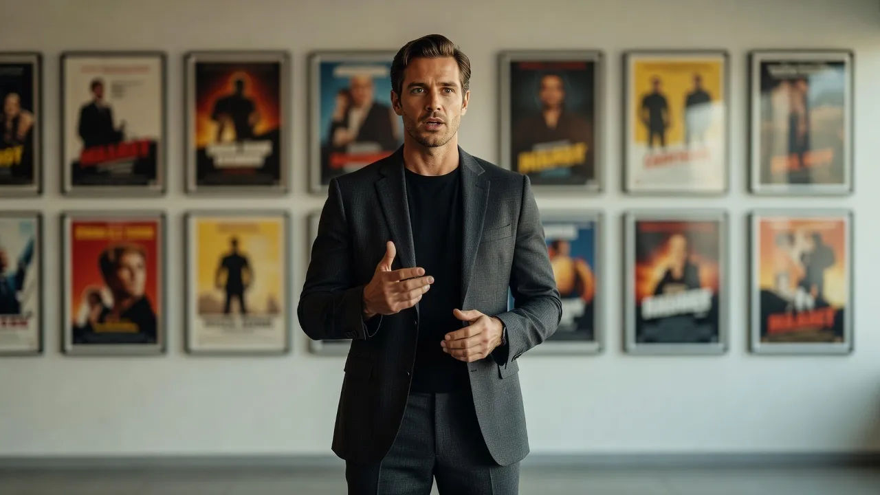 Host on a set with movie posters behind, speaking to camera mid-review