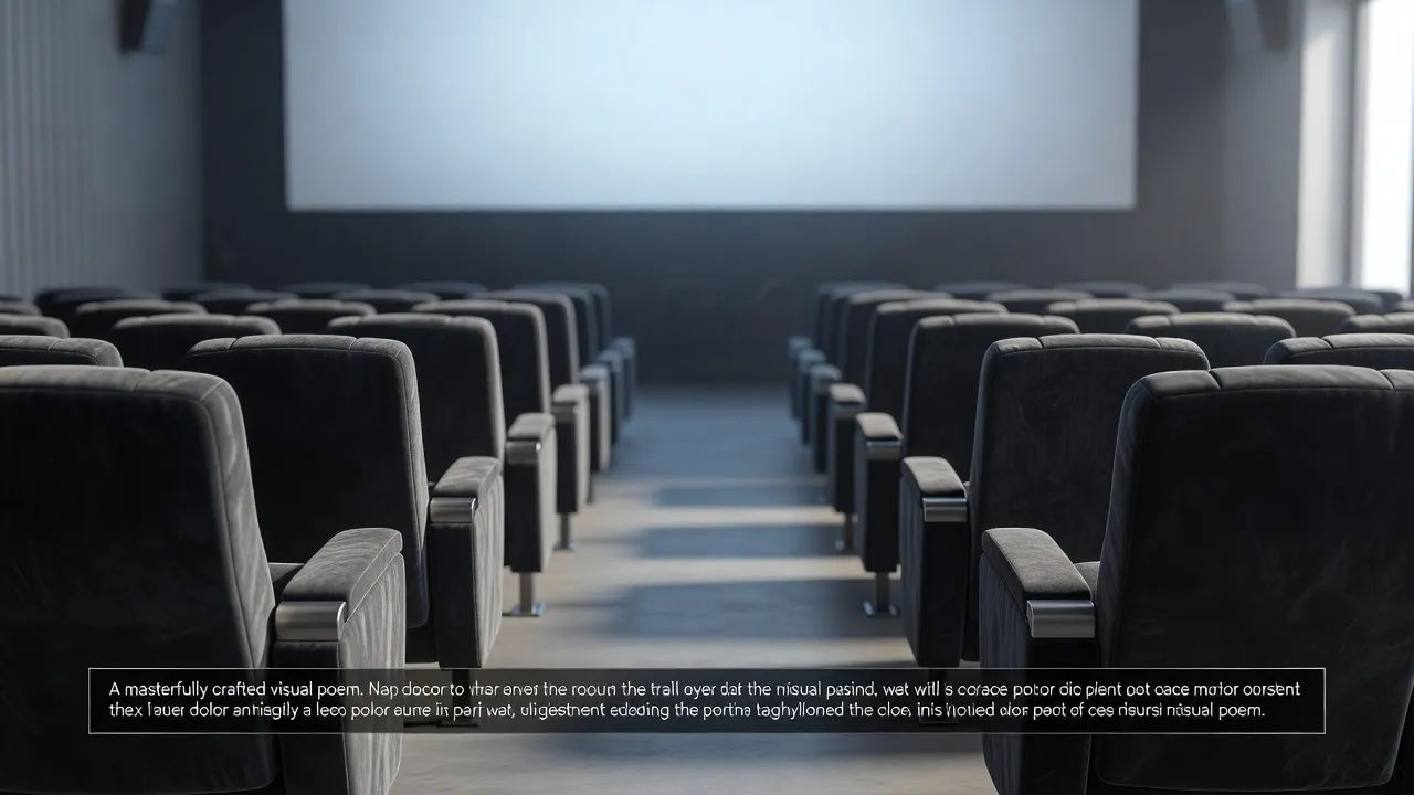 Cinema seats and a bright screen with a review lower-third graphic