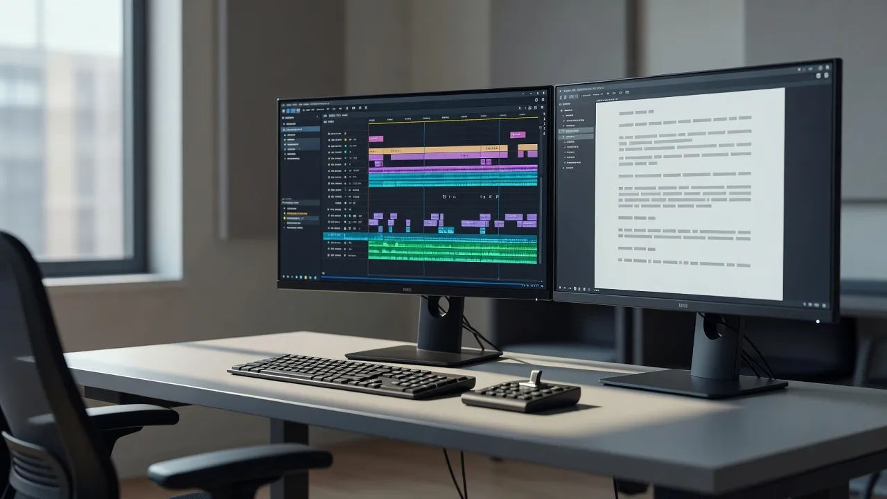 Editing bay with a movie timeline and a review script on a second monitor