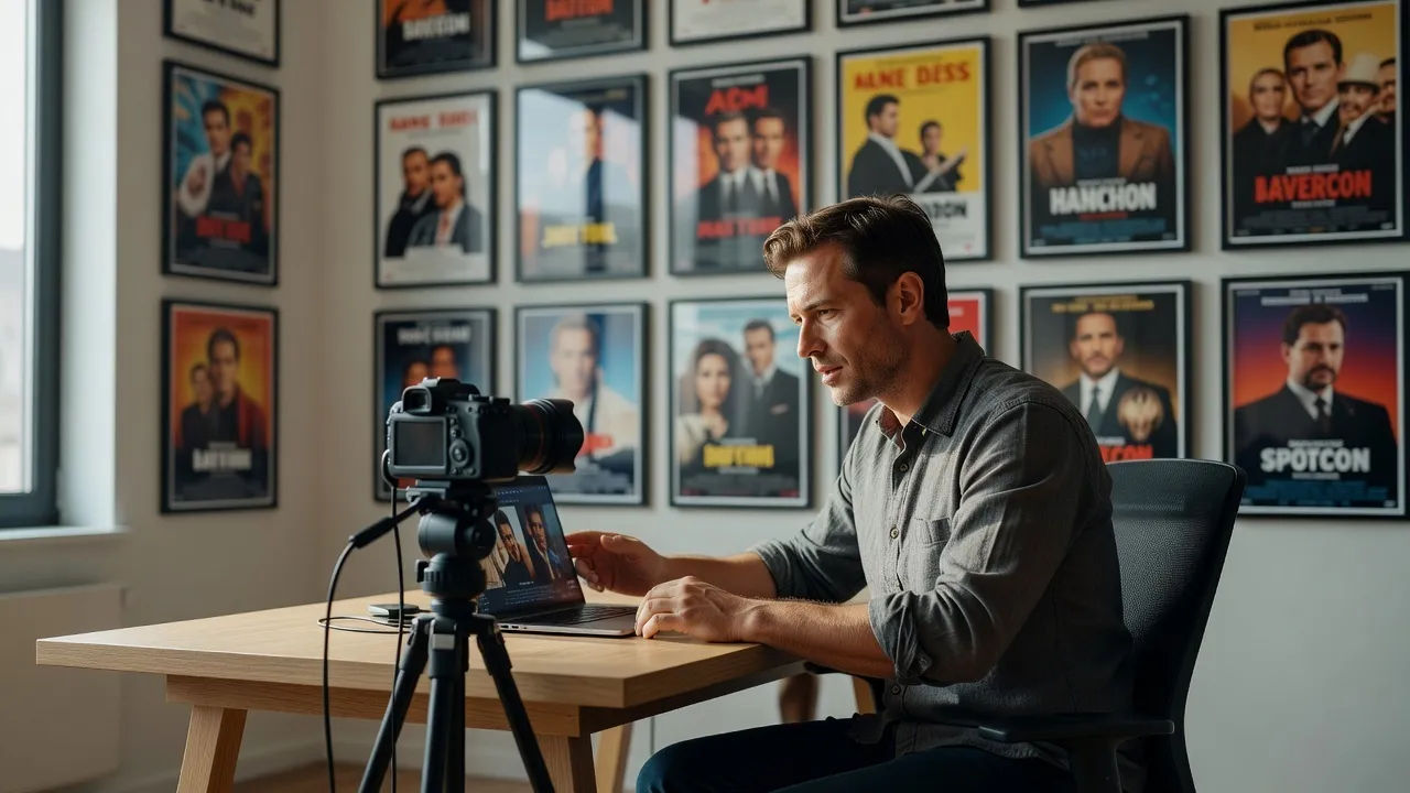 Creator recording a film review at a poster-lined home studio