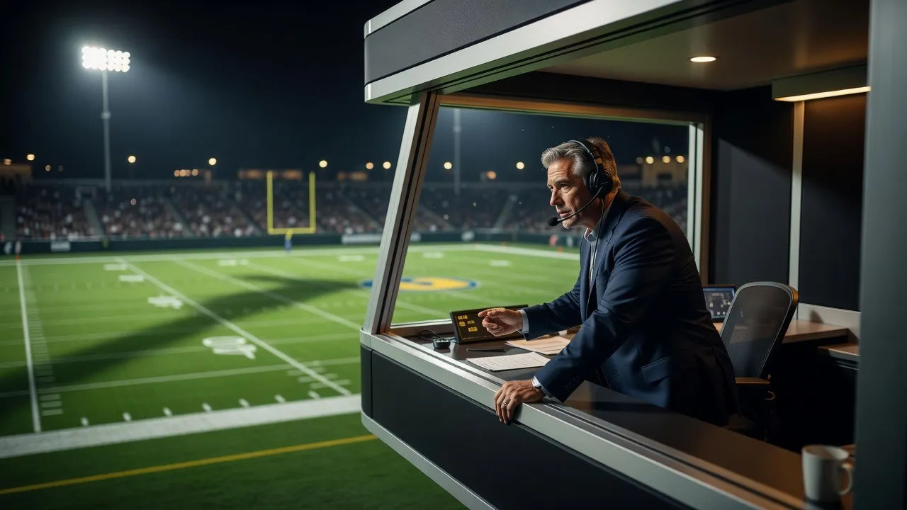 Play-by-play announcer in a booth headset above a floodlit gridiron at night