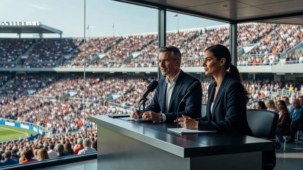 Two announcers at a broadcast booth desk overlooking a packed stadium