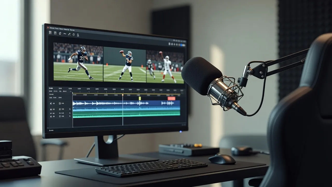 Editing bay with a football highlight timeline beside a broadcast mic