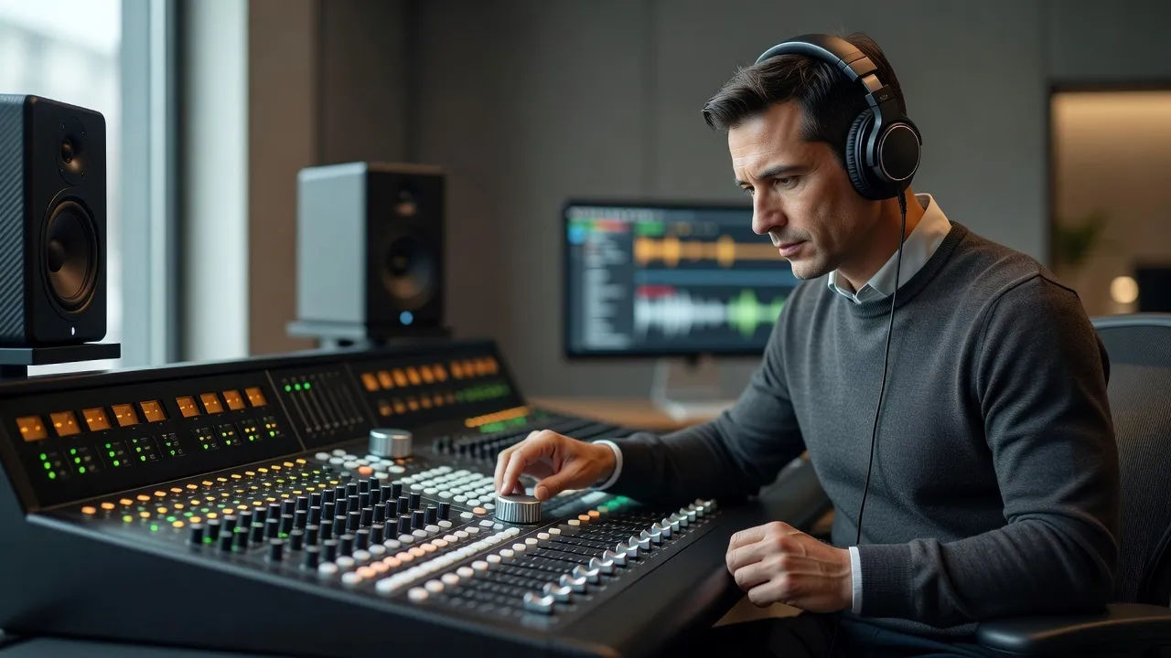 Sound designer at a console dialing in a football announcer voice