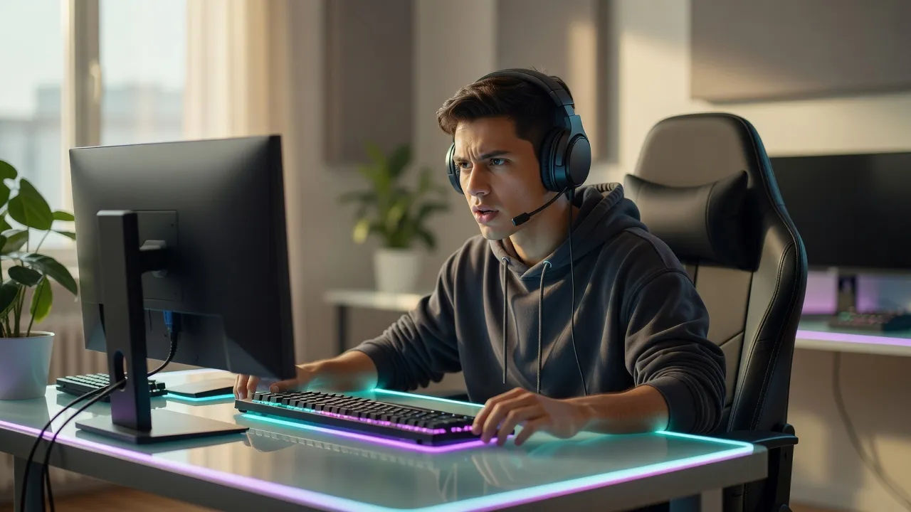 Streamer at a glowing desk setup mid-reaction, headset on