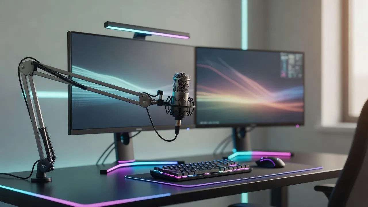 Dual-monitor battlestation lit in cool RGB with a mic arm