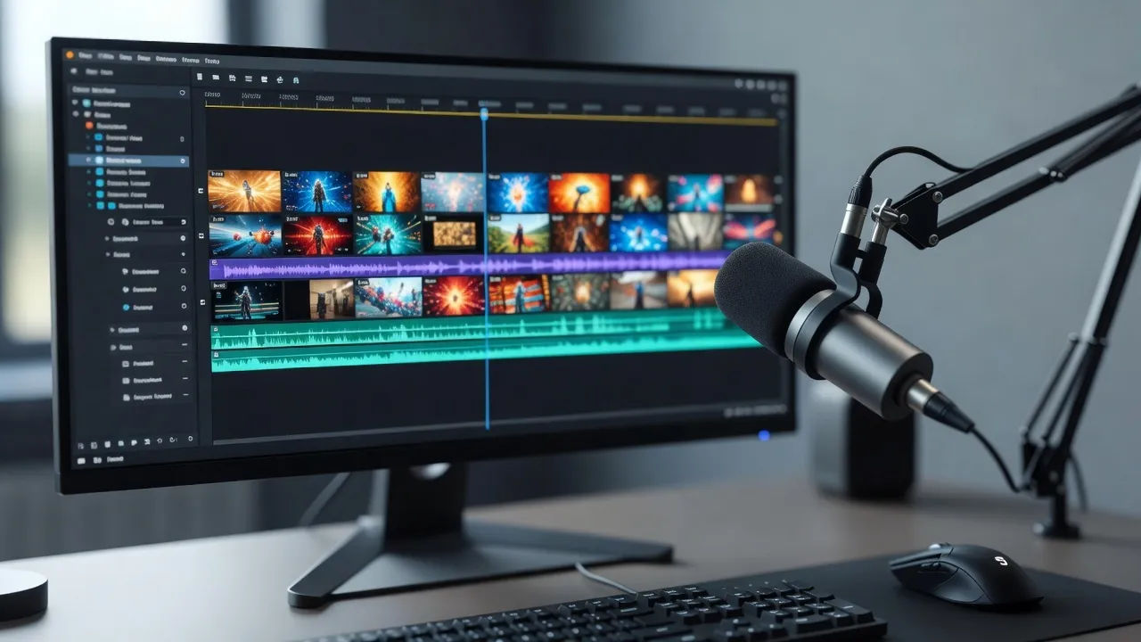 Editing timeline of a gameplay montage beside a stream mic