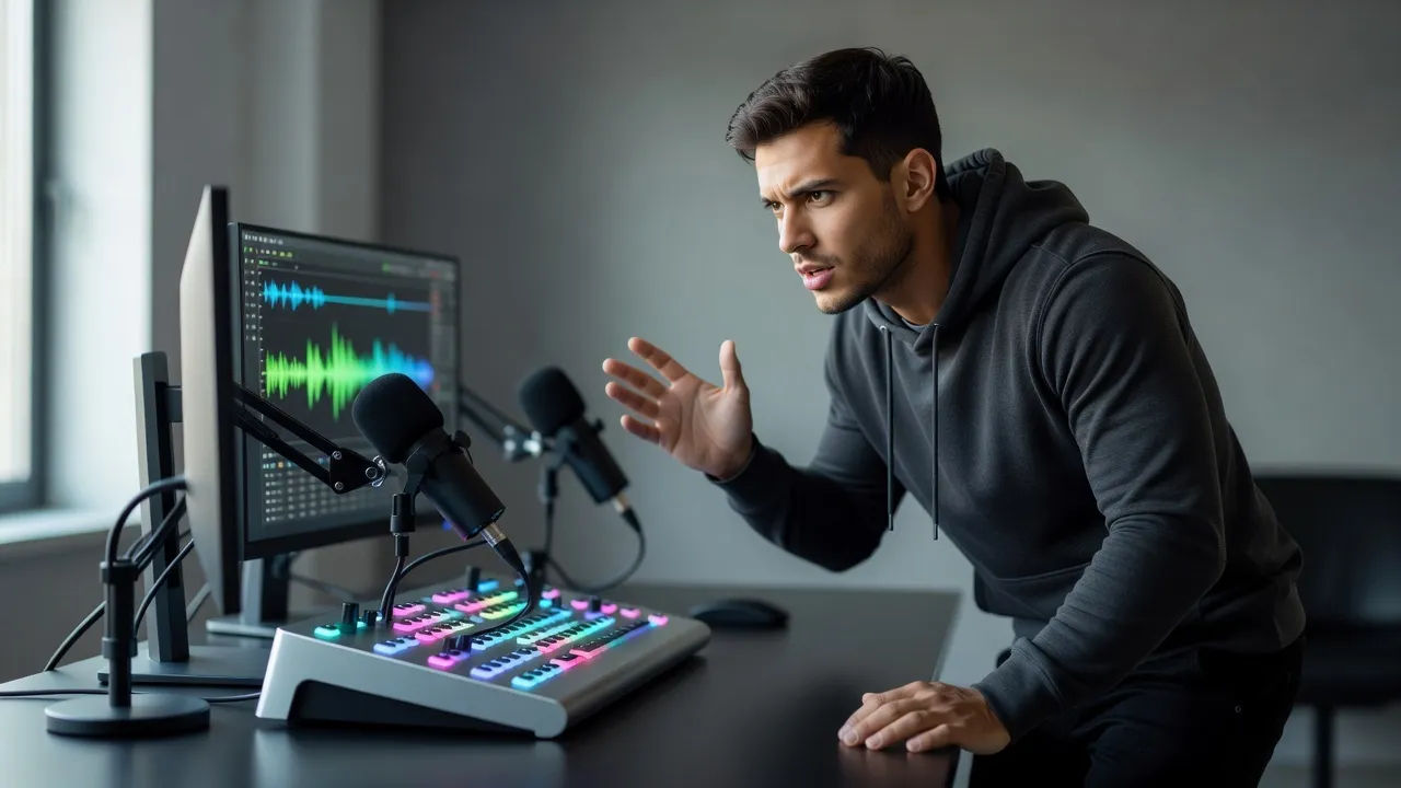 Creator directing a hype voice at a streaming console