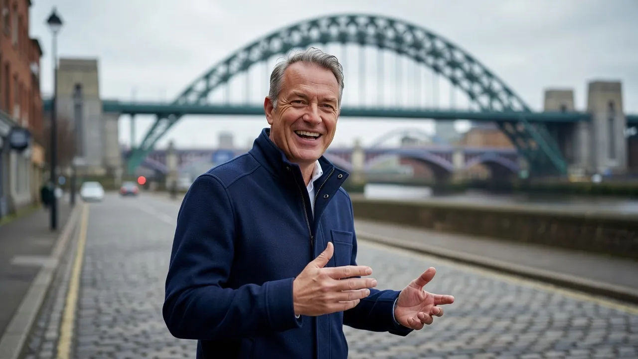 A cheerful character on a Tyneside street speaking to camera, bridges behind