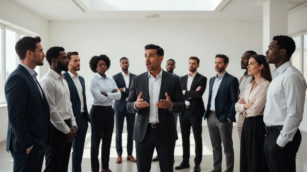 A lineup of characters in a bright studio, one mid-line, others listening