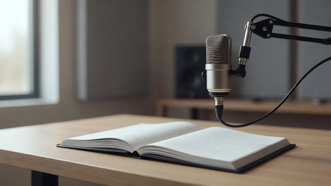 A voiceover screen with a script open beside a studio microphone