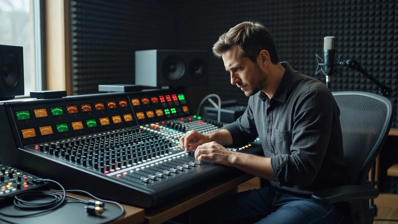A sound designer shaping a voice at a mixing desk, meters glowing