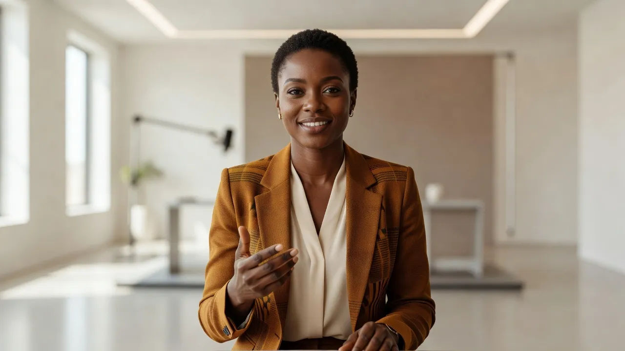 Ghanaian presenter in a bright studio, speaking warmly to camera