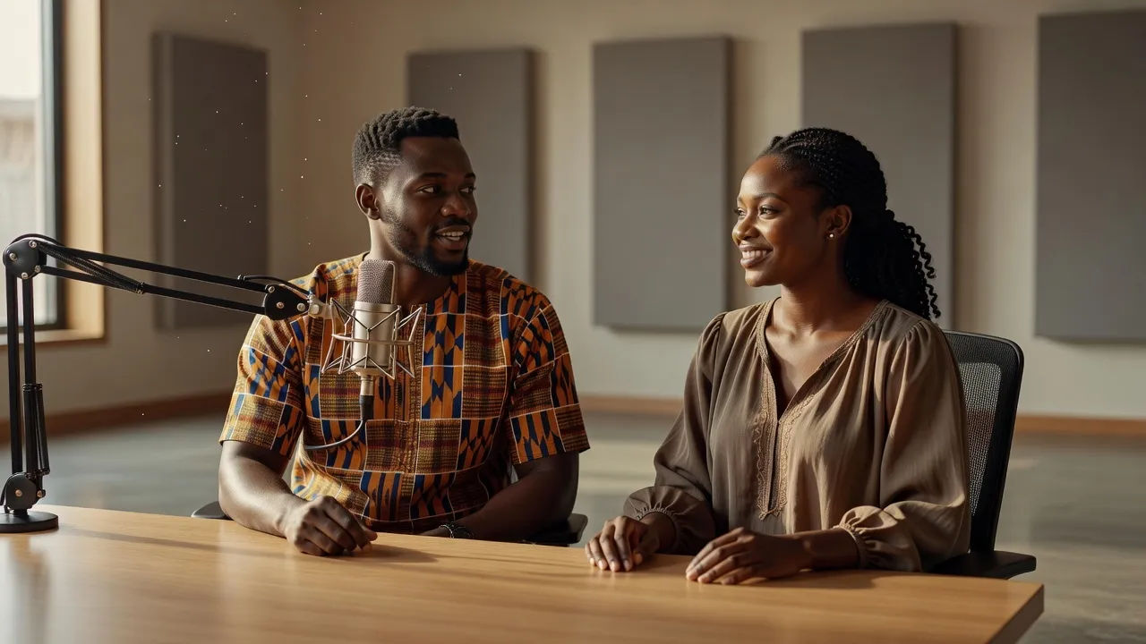 Two Ghanaian hosts recording together in a warm-lit studio