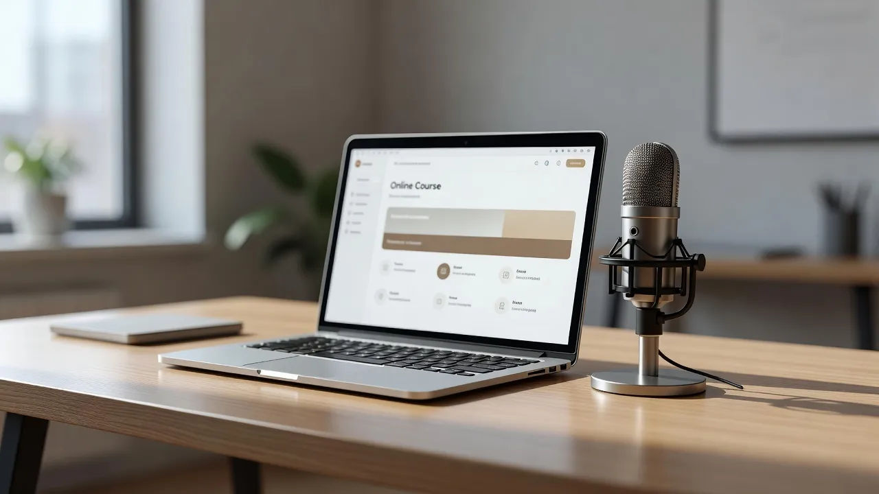 Laptop showing a course module beside a desktop microphone