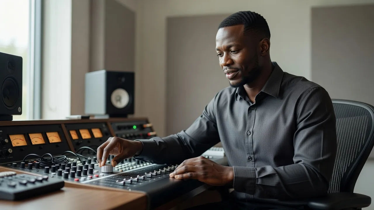 Voice designer shaping a Ghanaian English read at a console