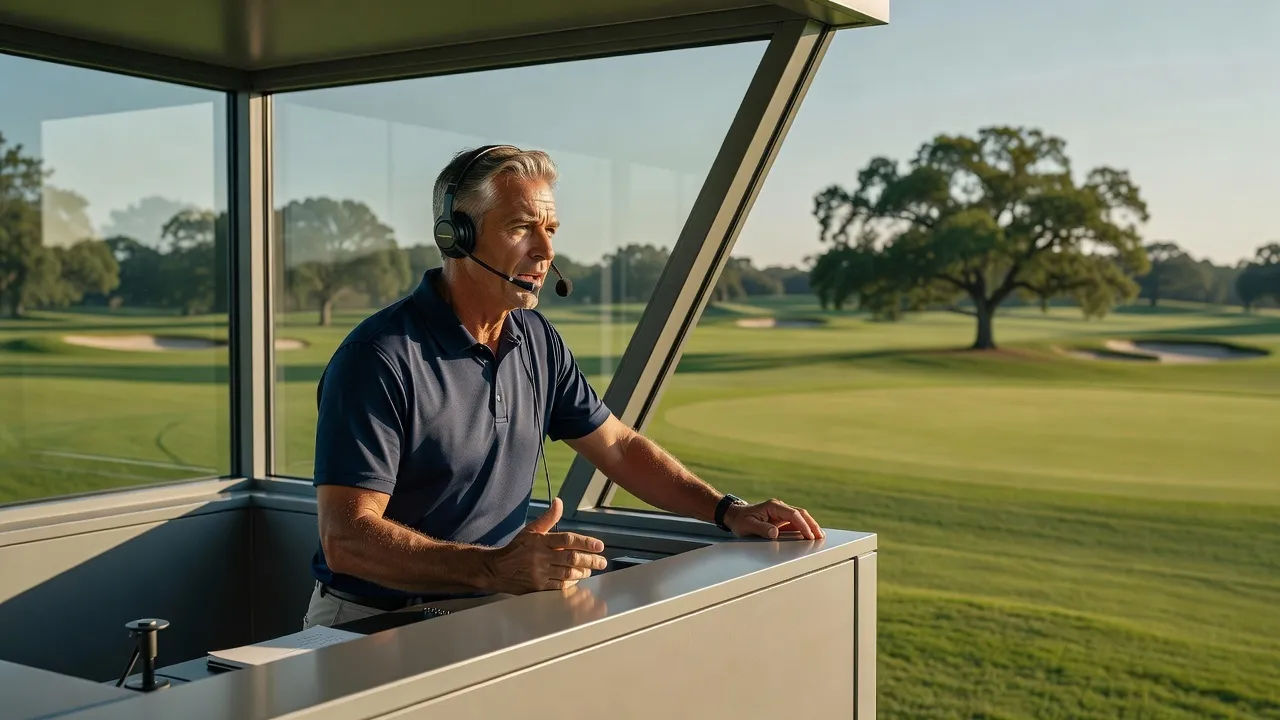 Golf commentator in a tower booth mid-call, headset on, sunlit fairway beyond the glass