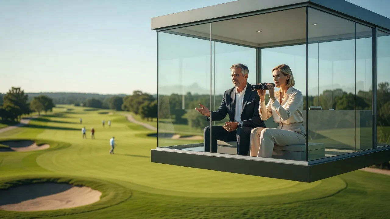 Two golf commentators in a glass tower above a green fairway