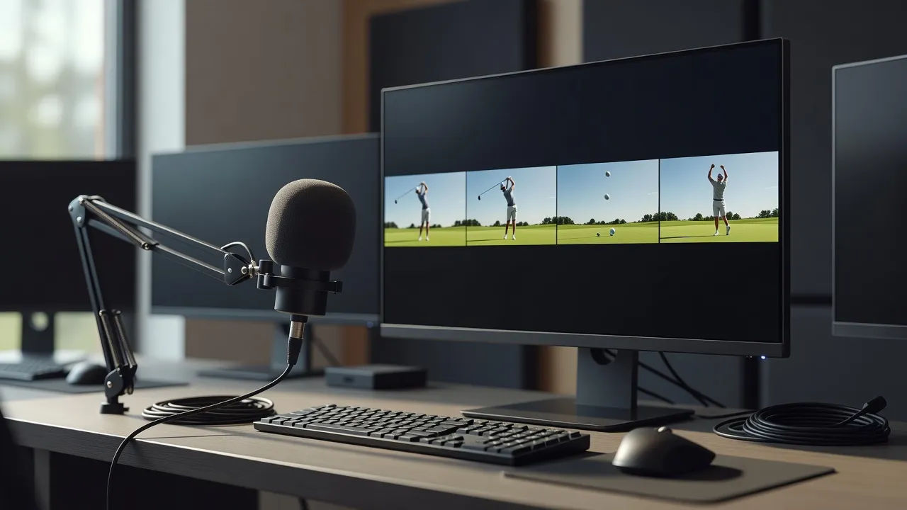 Editing bay with a golf highlight timeline and a soft commentary mic