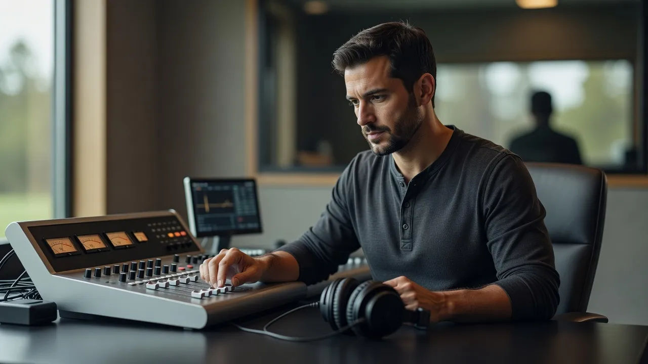 Sound designer directing a golf commentary voice at a quiet console