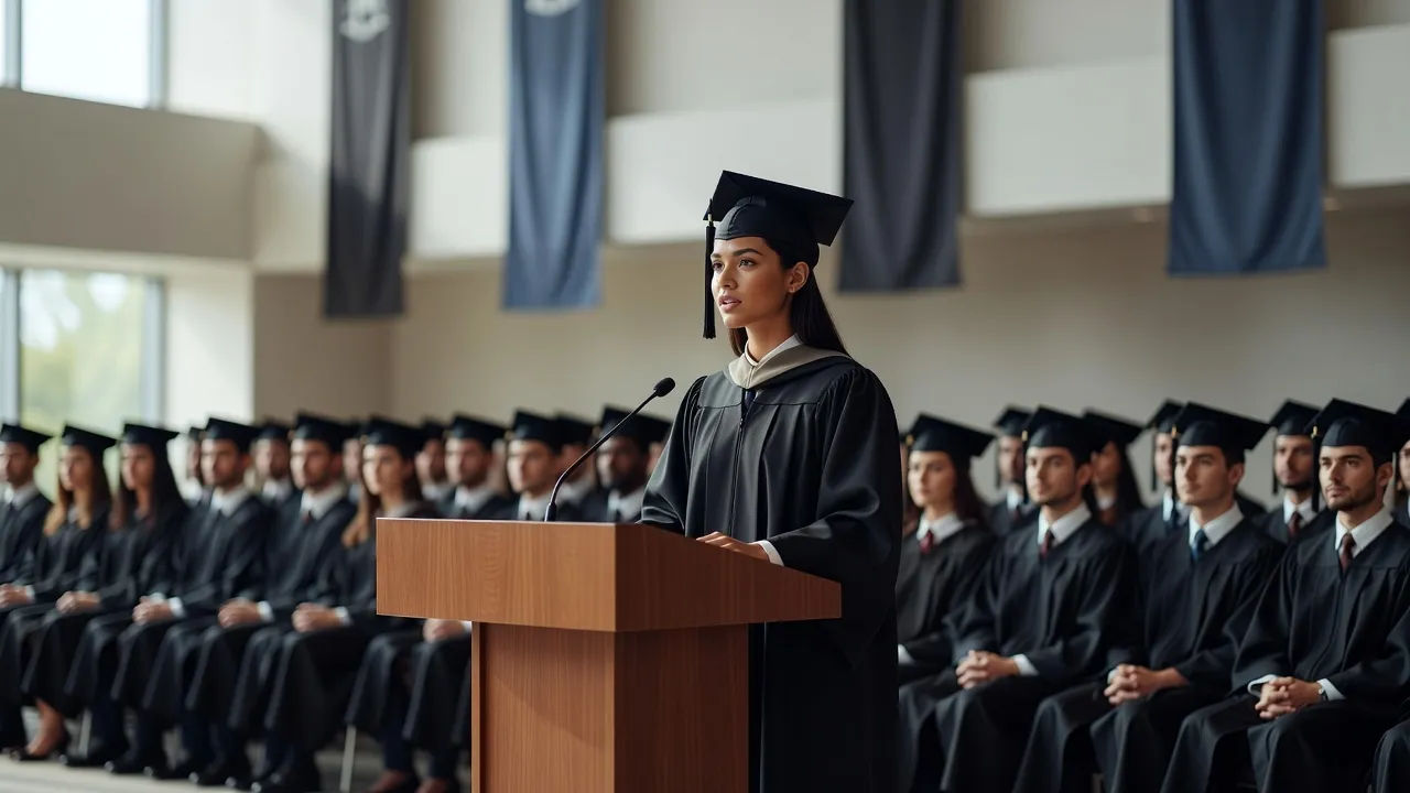 Graduate at a podium in cap and gown, banners and rows of seated peers behind