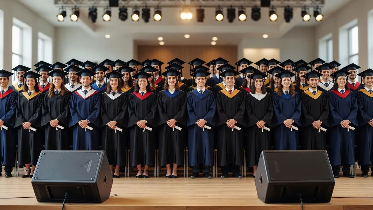 Two speakers beside a stage of graduates under bright ceremony lights