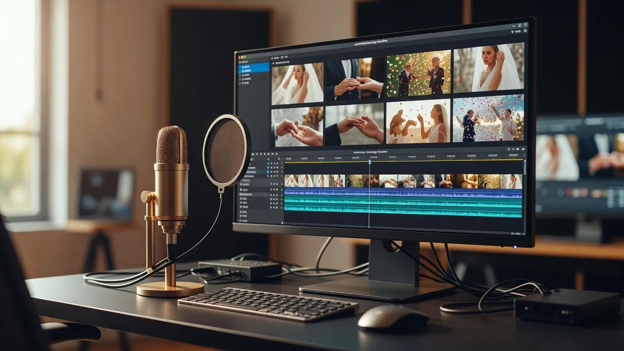 Editing desk with a ceremony montage timeline and a warm vocal mic