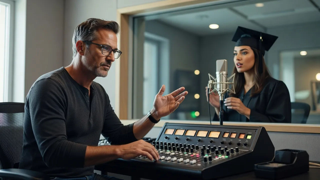 Producer directing a graduation voice at a small studio console