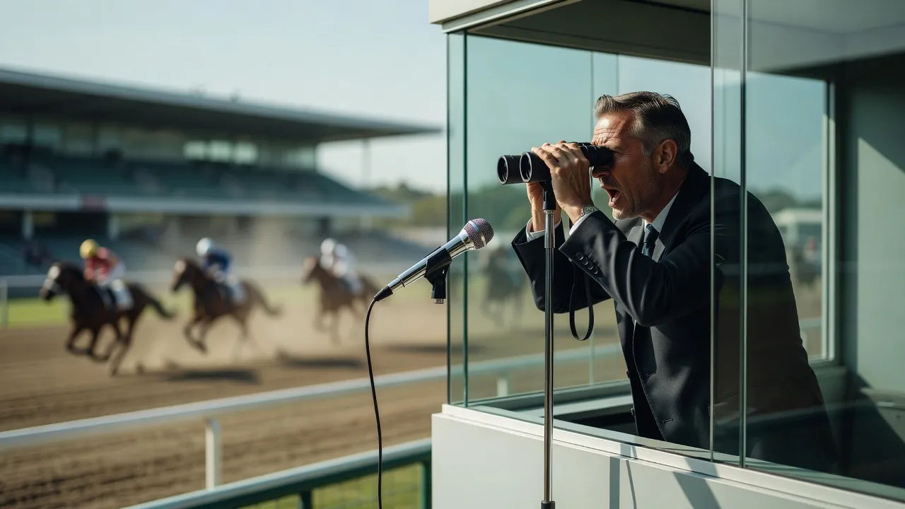 Trackside race caller with binoculars at a glass booth mic above the finish line