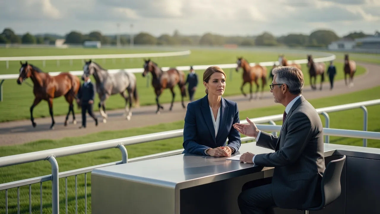 Paddock host and analyst at a rail-side desk with the parade ring behind