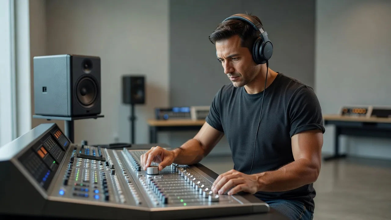 Sound designer at a console dialing in a trackside race-caller voice