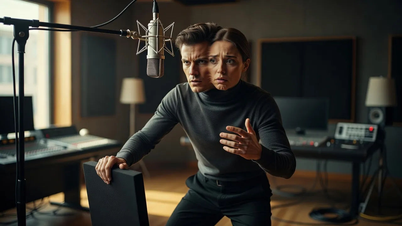 Voice performer at a mic mid-transformation, expression shifting between characters