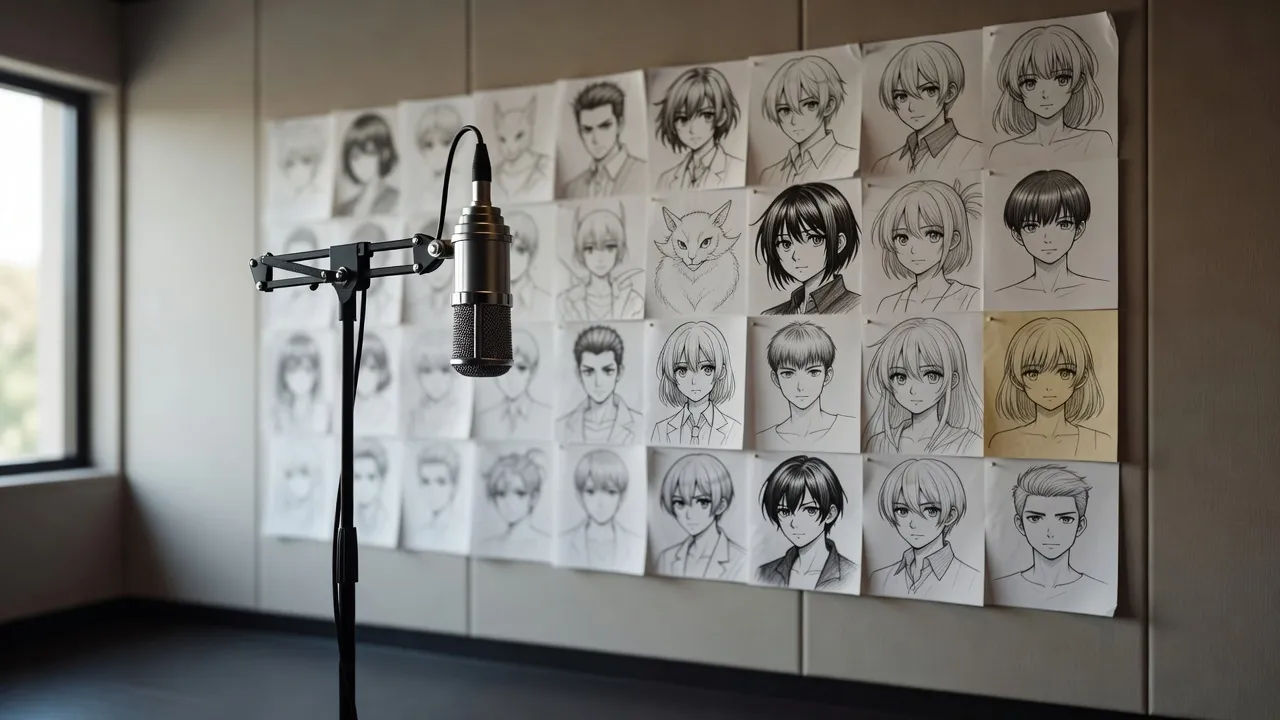 Recording booth with a wall of character sketches behind a single mic