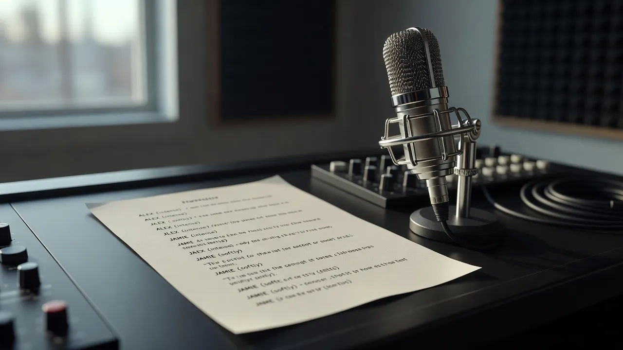 Script marked with character cues beside a studio microphone