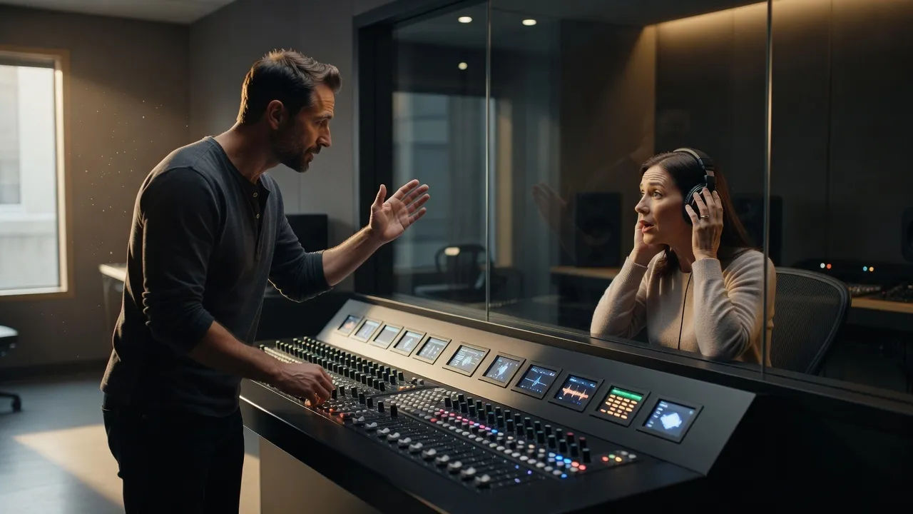 Sound designer directing a character voice at a console with role tabs