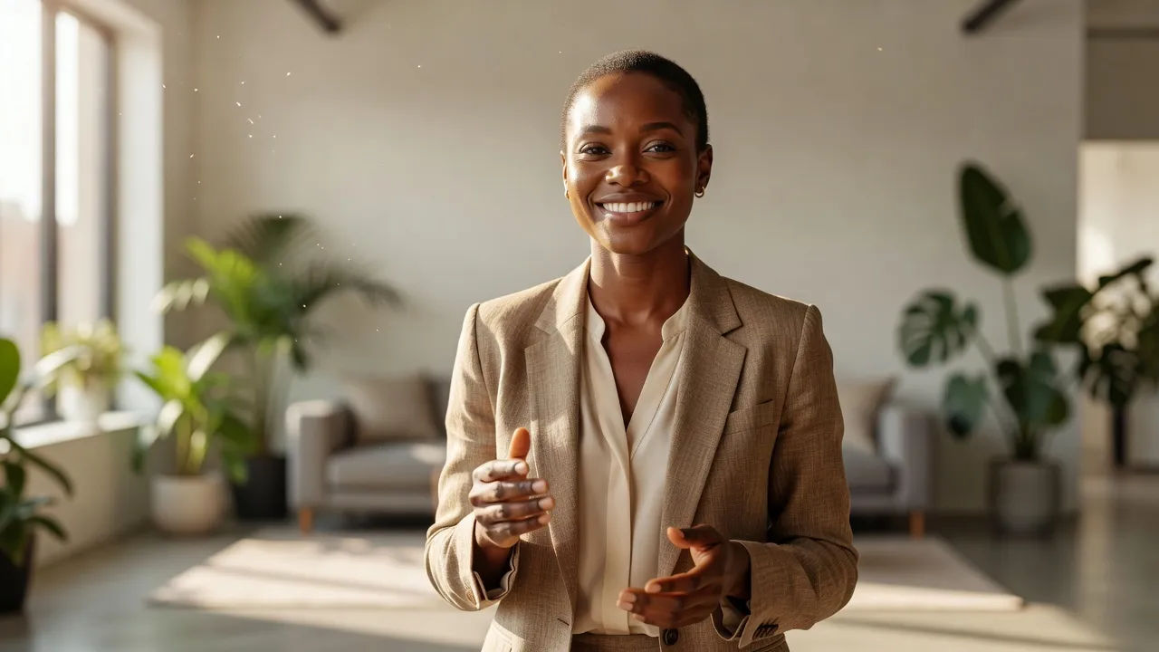 Jamaican presenter in a sunlit studio, speaking warmly to camera