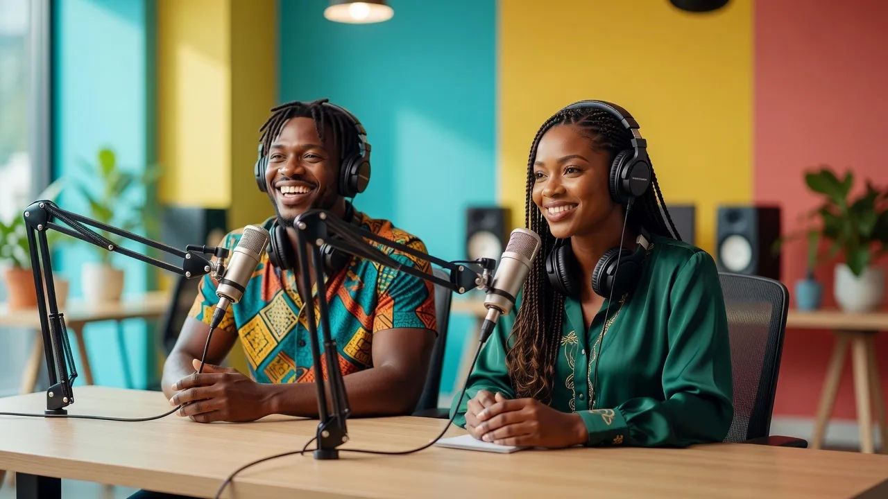 Two Jamaican hosts recording together in a colourful studio