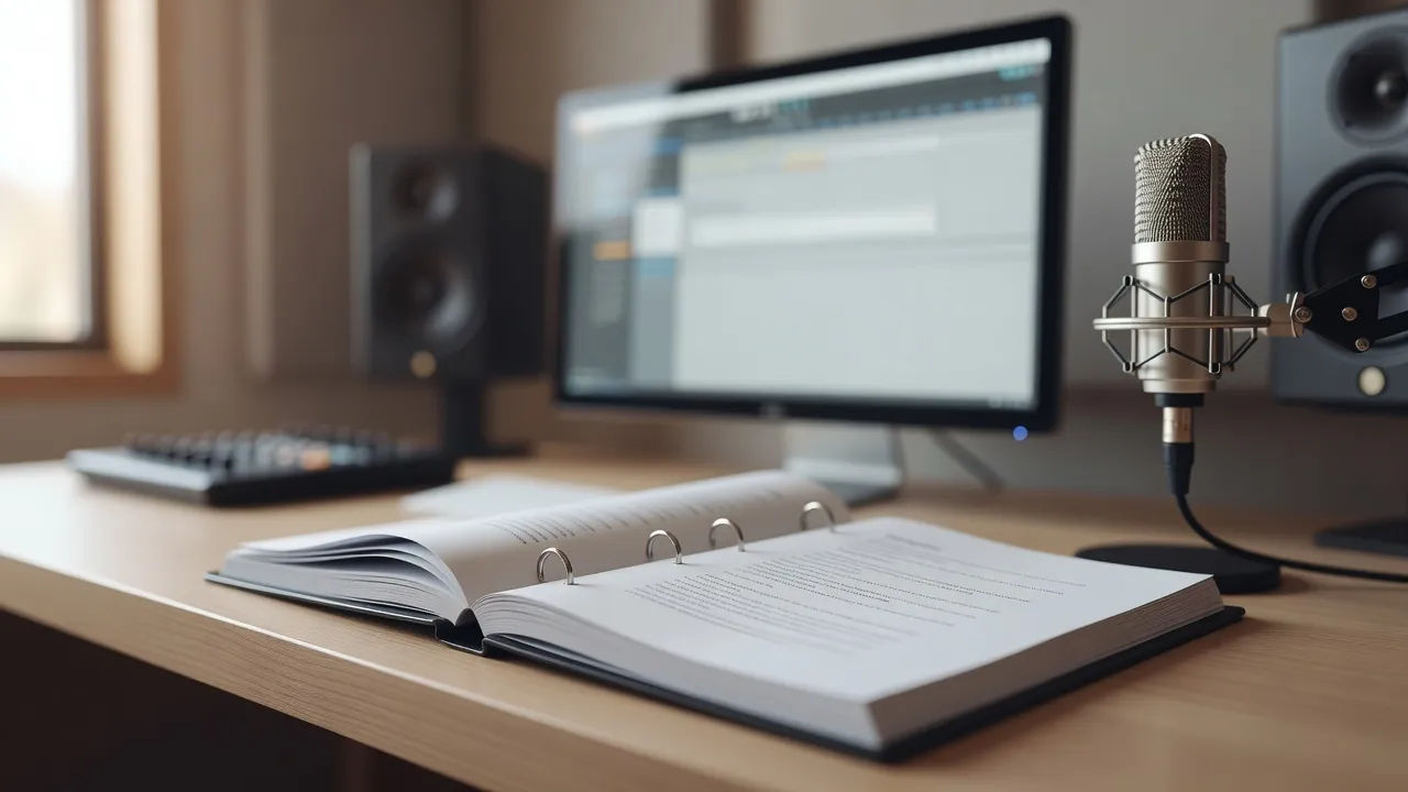 Editing screen with an ad script beside a studio microphone