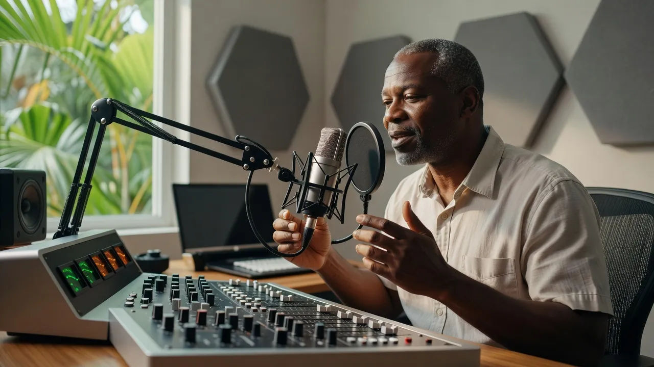 Voice designer shaping a Jamaican accent read at a console