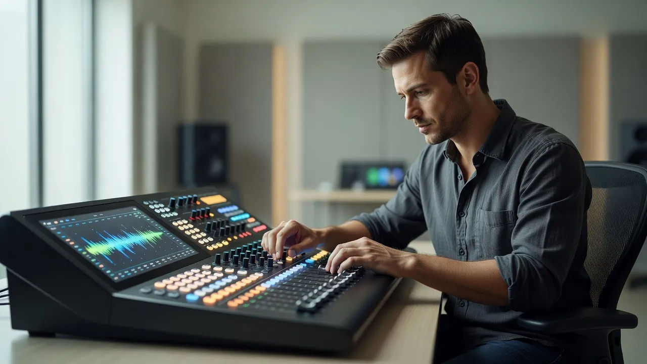 Sound designer shaping a jingle hook at a bright console