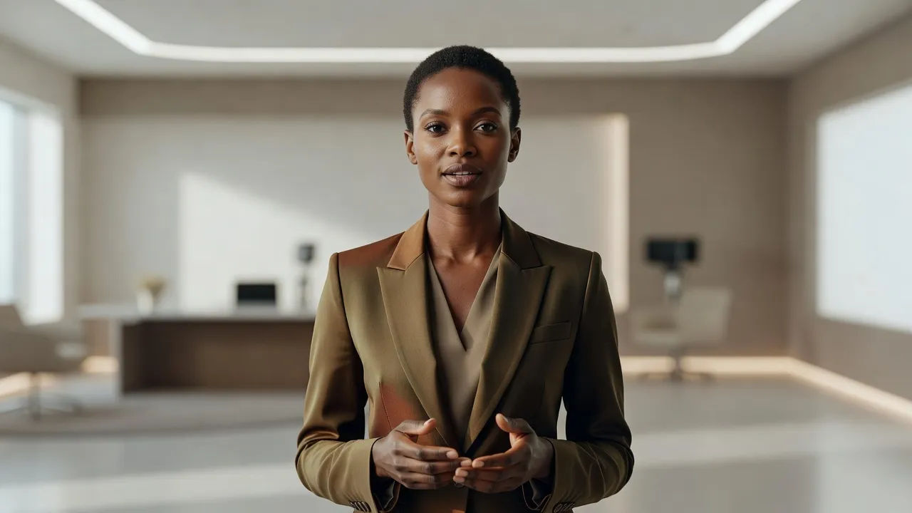 Kenyan presenter in a bright studio, speaking clearly to camera
