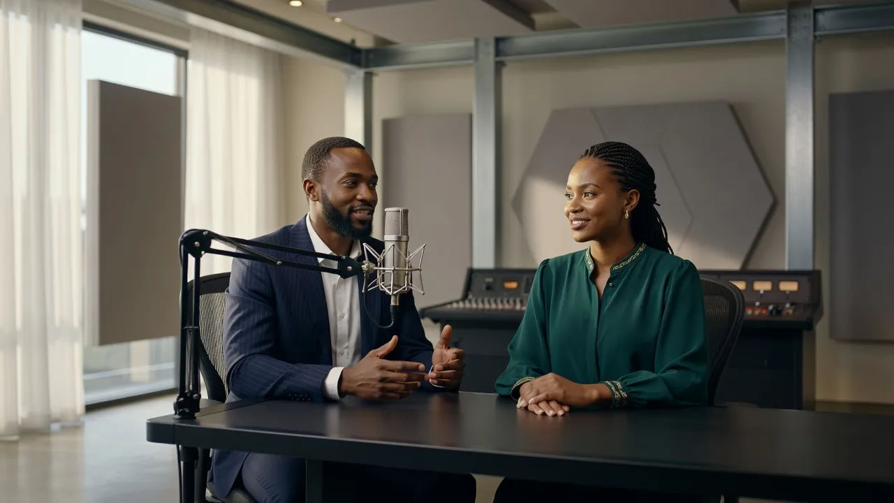 Two Kenyan hosts recording together in a modern studio